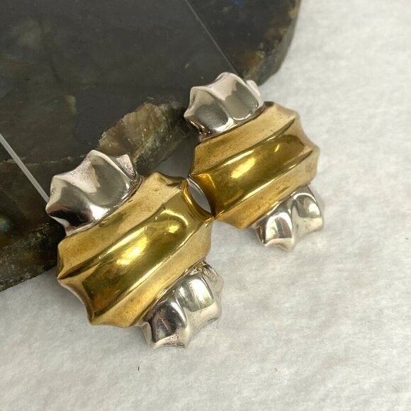 VTG Sterling Silver 925 Taxco Modernist Brass Accent Hollow Clip On Earrings - Picture 3 of 14
